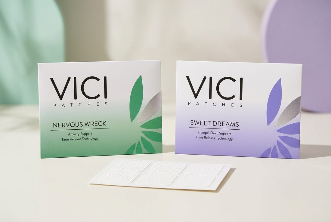 Vici Wellness Nervous Wreck and Sweet Dreams packets in green and lavender beside an intact white patch backing sheet on an ivory surface.