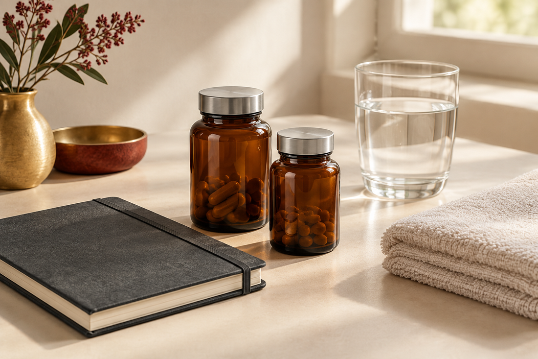 Vitamin Bounty editorial still life with unlabelled amber supplement bottles, a charcoal journal, a glass of water, and a folded towel in warm neutral, red, and gold tones.