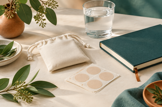 Vitamin Patch Club editorial still life with unlabelled adhesive patches, a cream pouch, a journal, water, and botanical leaves in a teal and warm-neutral palette. ⠋