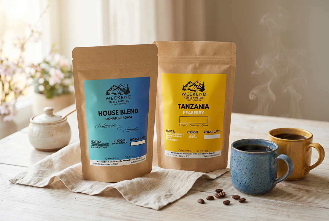 Weekend Coffee Roasters House Blend and Tanzania Peaberry coffee pouches beside two ceramic mugs of coffee on a light wooden breakfast table.