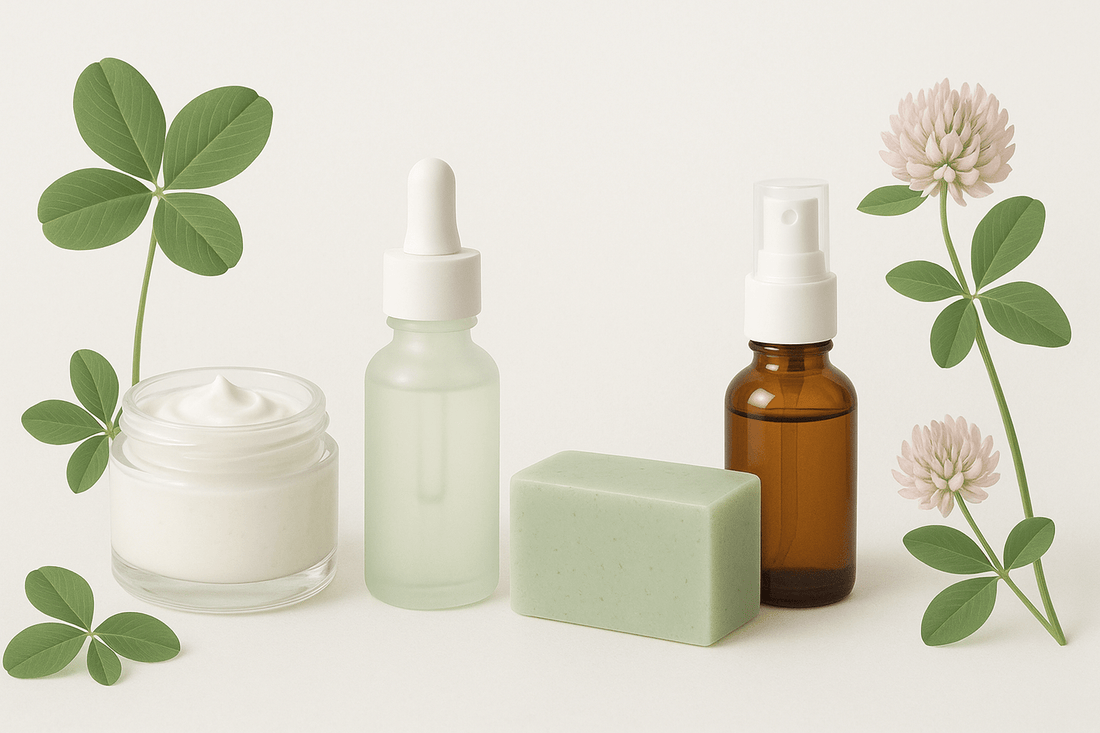 Clover by Clove + Hallow clean beauty skincare and makeup products arranged on a natural surface with warm earthy tones