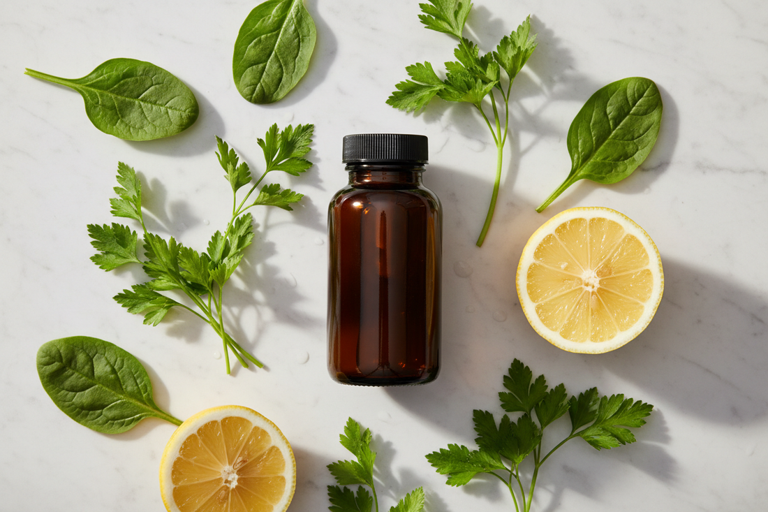 Editorial flat lay of a dark supplement bottle surrounded by fresh green botanicals and a halved lemon on white marble — glutathione master antioxidant blog hero