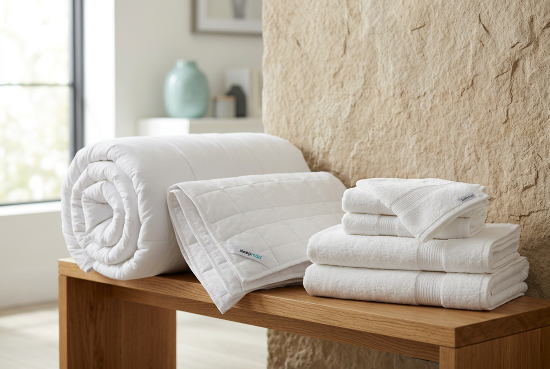 White ecobrands comforter, folded pillow shams, and cotton bath towels arranged on a wooden bench in a sunlit home interior.