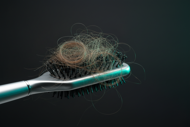 Close-up of hair strands collected in a hairbrush illustrating excessive hair shedding and hair loss causes
