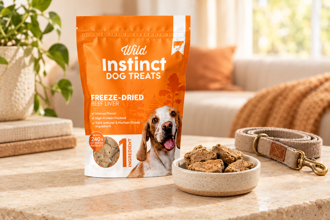 Wild Instinct Pet Freeze-Dried Beef Liver dog treat pouch beside a ceramic dish of treats and a folded leash on a cream surface.