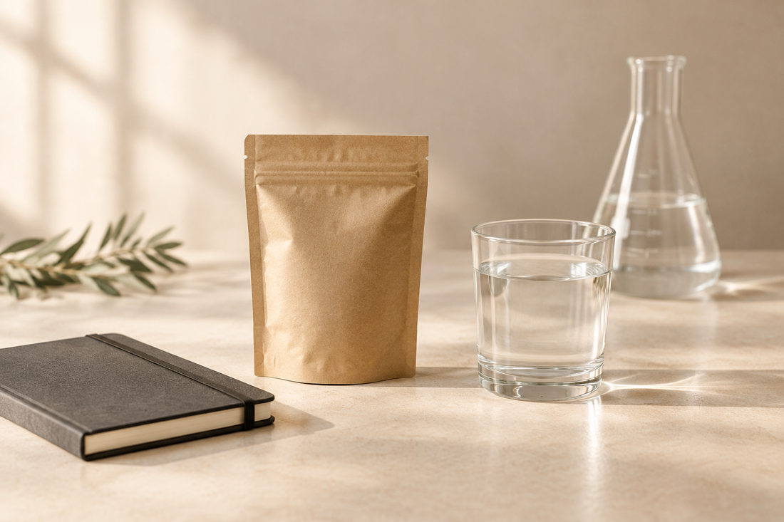 Winnow editorial still life with an unlabelled kraft pouch, charcoal notebook, glass of water, and laboratory flask on a warm ivory surface.