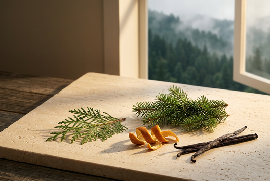 Cedar and evergreen sprigs, citrus peel, and vanilla pods on a cream surface in warm amber light, evoking woodland and citrus fragrance notes.