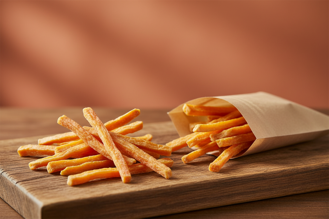 Yammy Snacks dried sweet potato sticks arranged on a rustic wooden surface with warm amber tones