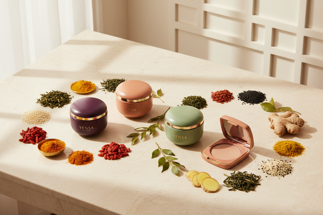 YENSA superfood cosmetics and skincare surrounded by botanical ingredients in a luxe plum, gold, and sage setting.