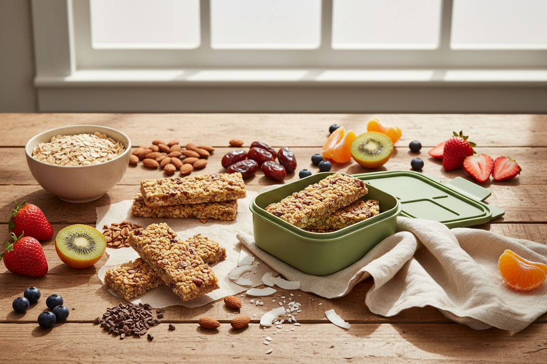 YES BAR® plant-based snack bars with organic ingredients, fruit, and a reusable lunch container on a bright kitchen table.