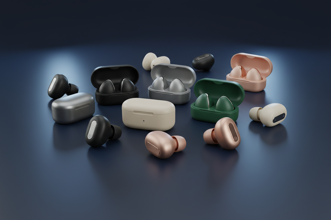 ZENZ premium earplugs in multiple colorways arranged on a dark navy background with soft blue accent lighting
