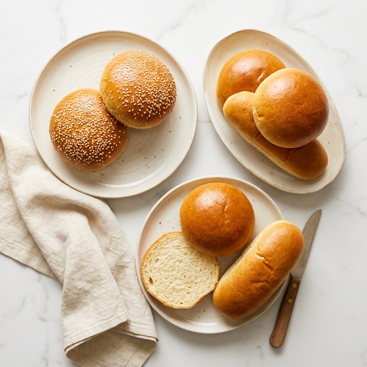 Sesame and plain hamburger buns with hot dog buns on cream plates and linen over white marble.
