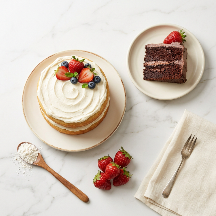 Vanilla layer cake and a slice of chocolate cake with strawberries and a wooden spoon of flour on white marble.