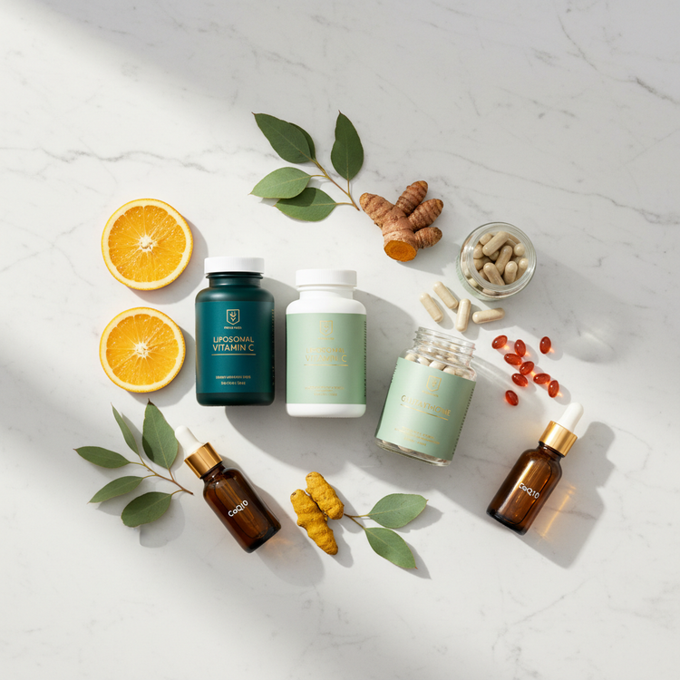 Cellular Health Curated By Daily Health & Beauty — supplement bottles, glutathione capsules, CoQ10 softgels, and citrus botanicals on white marble for a premium cellular health and detox collection