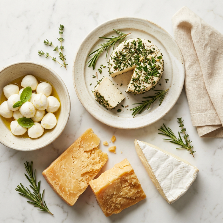 Cheddar wedges, soft white cheese, mozzarella balls, and an herb-coated cheese ball arranged on white marble.