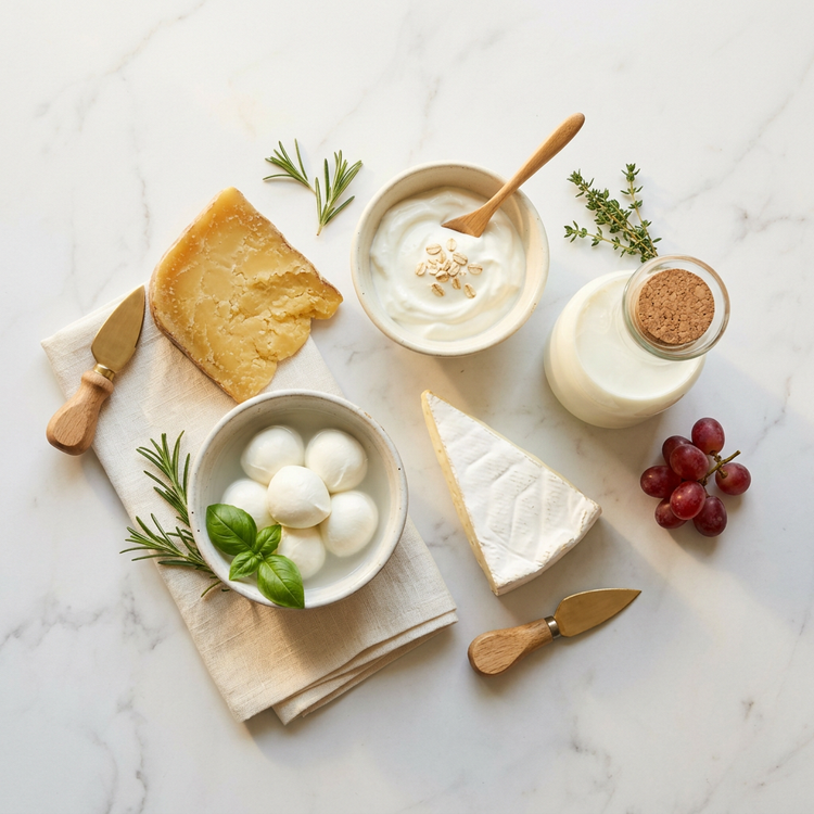 Assorted cheeses, mozzarella balls, plain yogurt, and a glass milk carafe arranged on white marble.