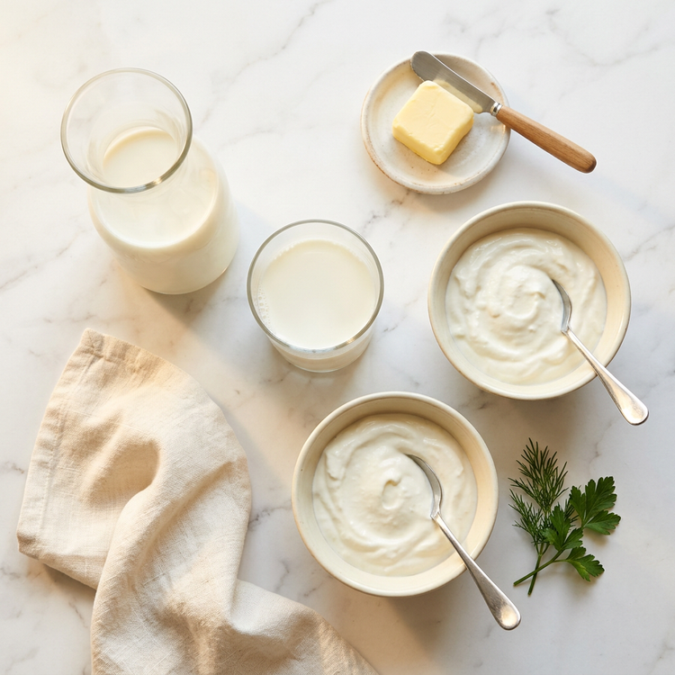 Milk in a glass carafe and tumbler, bowls of plain yogurt, and butter arranged on white marble.
