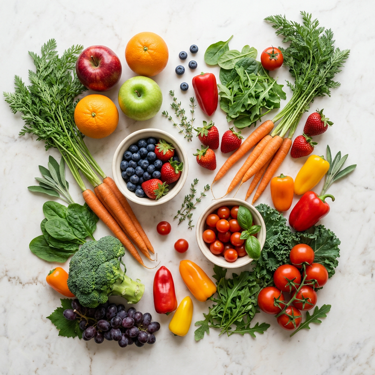 Colorful assortment of apples, oranges, berries, grapes, carrots, broccoli, peppers, tomatoes, and leafy greens arranged on white marble.