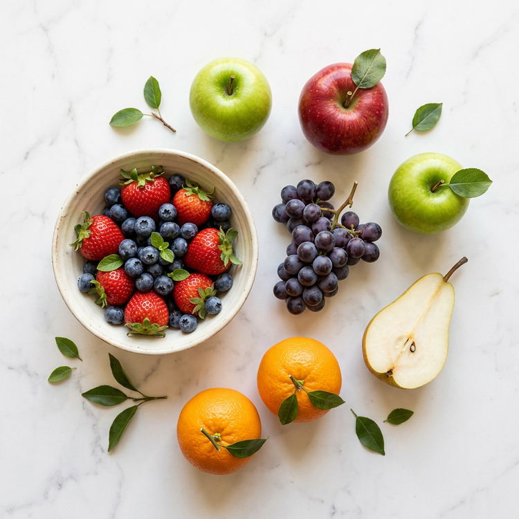 Apples, oranges, strawberries, blueberries, purple grapes, and sliced pear arranged on white marble.