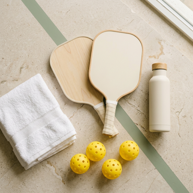Two pickleball paddles and four yellow pickleballs beside a folded white towel and cream water bottle on a pale stone surface.