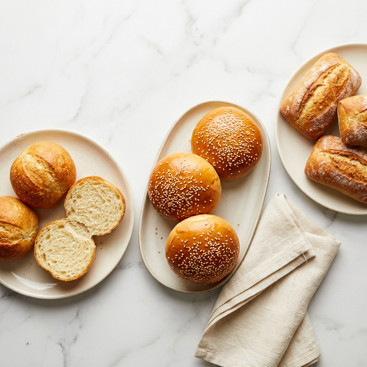 Golden dinner rolls, sesame hamburger buns, and sandwich rolls arranged on white marble with cream linen.