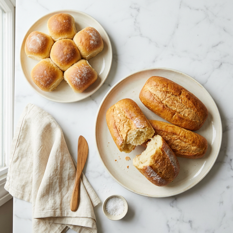 Golden dinner rolls and oblong sandwich rolls on cream plates with linen on white marble.