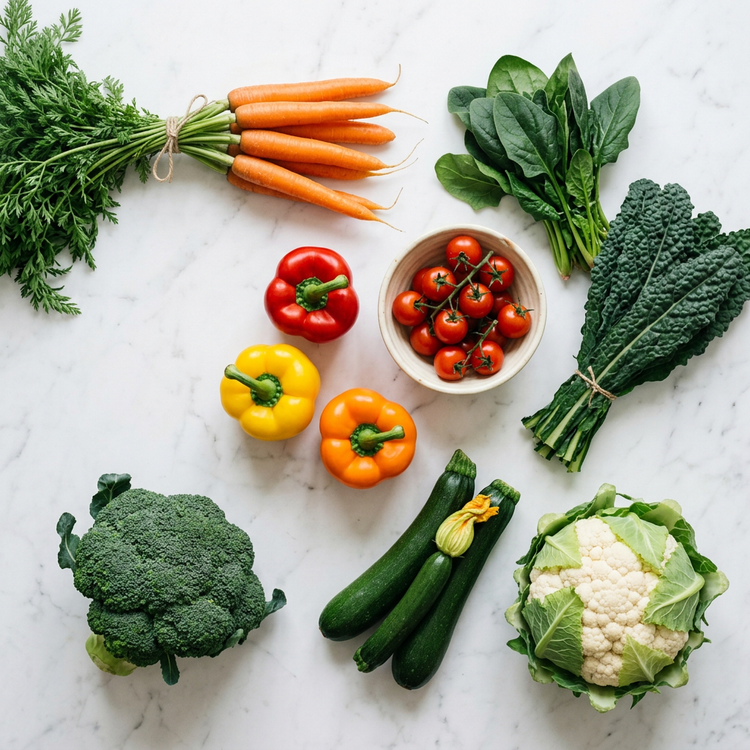 Carrots, broccoli, bell peppers, tomatoes, leafy greens, zucchini, and cauliflower arranged on white marble.