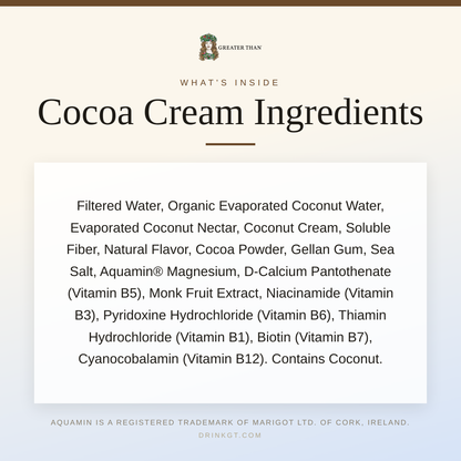 Cocoa Cream: Dairy-Free Coconut Water Beverage with Electrolytes and Vitamins (11.2 oz Tetra Paks)