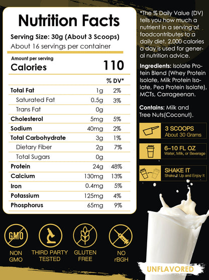 Isolate Protein Powder, 25g Protein & 5.5g BCAAs, Unflavored, 16 Servings, 1.1LB