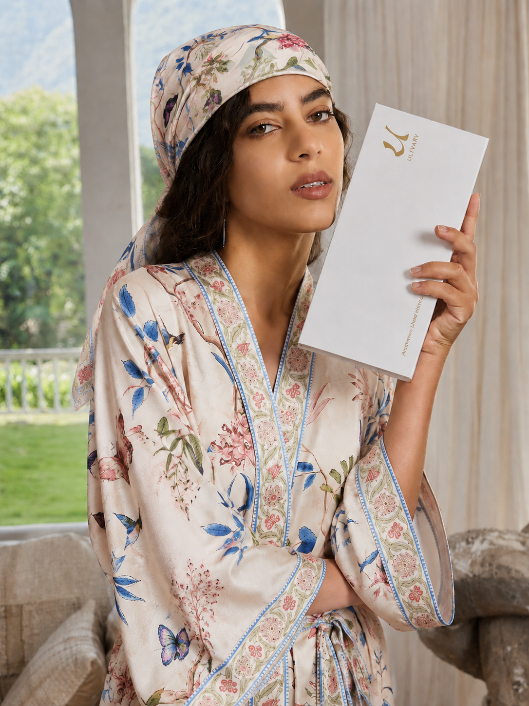 Beige Chinoiserie Floral Long Kimono Robe with Pockets