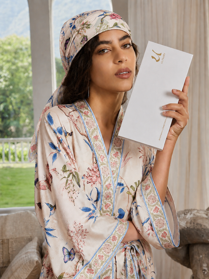 Beige Chinoiserie Floral Long Kimono Robe with Pockets