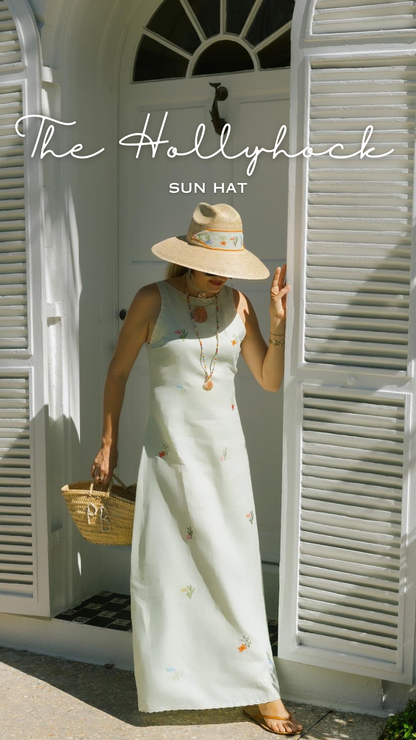 Hollyhock Sun Hat - Long & Thin Blue Gingham Ribbon with Wood Nautical Toggle