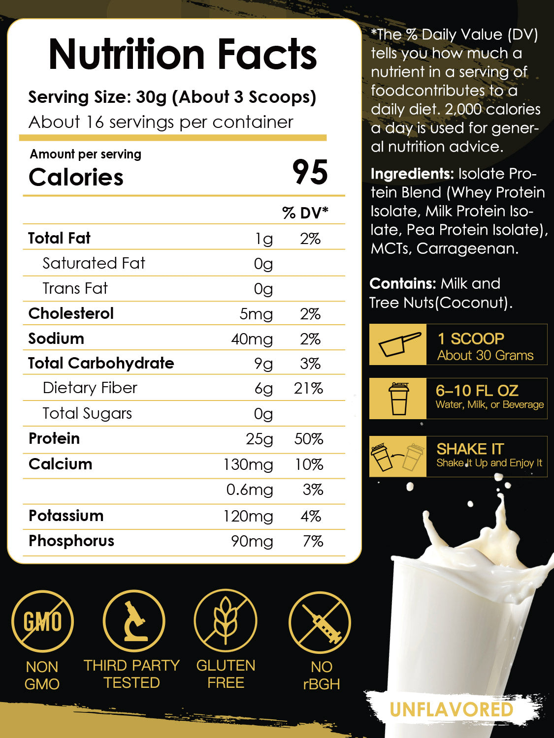 Whey Isolate Protein Powder, 25g Protein/Serving, 1.1 LB