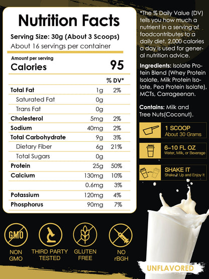 Whey Isolate Protein Powder, 25g Protein/Serving, 1.1 LB