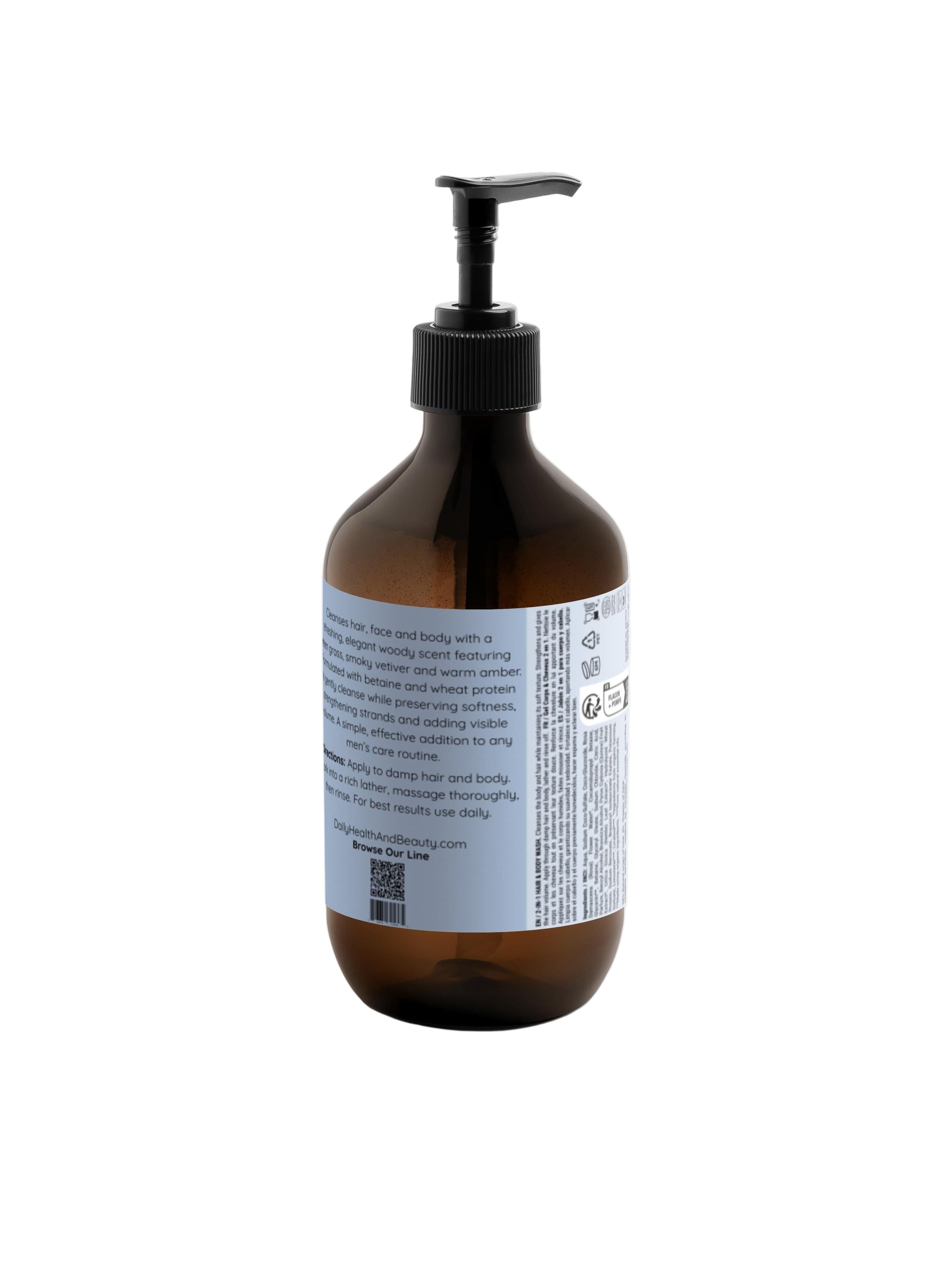 Brown bottle with pump and label on a white background