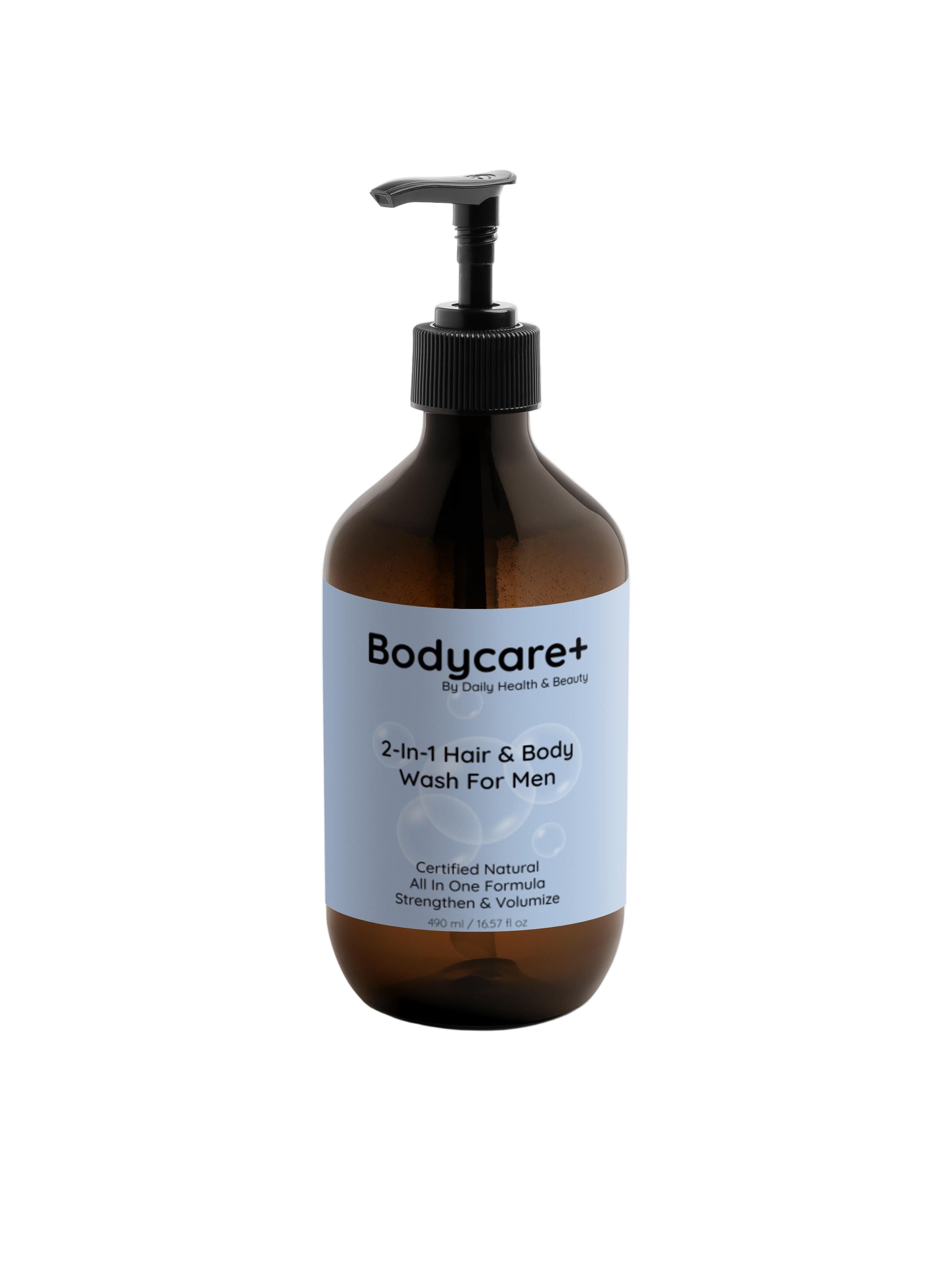 Brown bottle of 'Bodycare+ 2-in-1 Hair & Body Wash For Men' on a white background