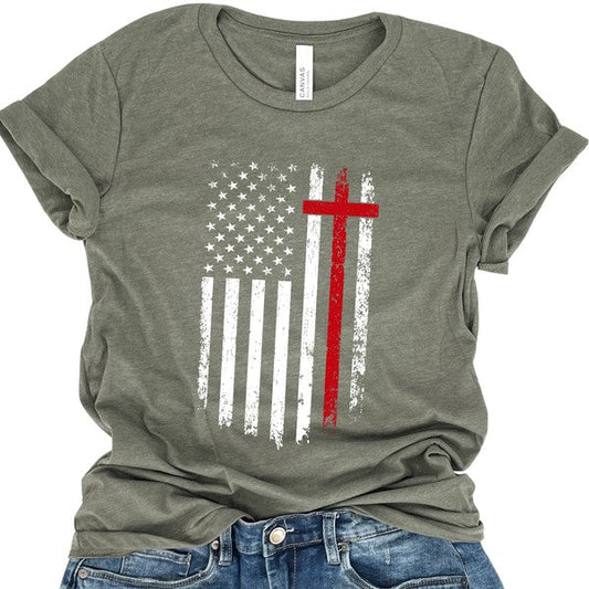American Flag Red Stripe Cross Distressed T-shirt