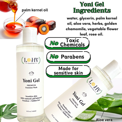 3 Step Kit For A Healthy Clean Yoni: YONI GEL pH Balance Wash + LOHVLY GEL Strawberry Flavored Relaxation Wash + LOHV Rose Oil Prevent Ingrown Hairs, Bumps, Sooth & Moisturizing Bikini Line.