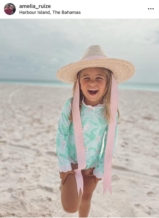 Zinnia Sun Hat for Little Girls (Age 4-10) - Long Pastel Pink Grosgrain Ribbon