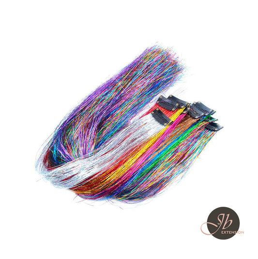 JBextension Hair Tinsel Clip in Extensions Pink Sparkle Highlights for Hair 18 Inch Multi-Colors Synthetic Hair Extensions for Party, Christmas, New Year, Halloween, Cosplay