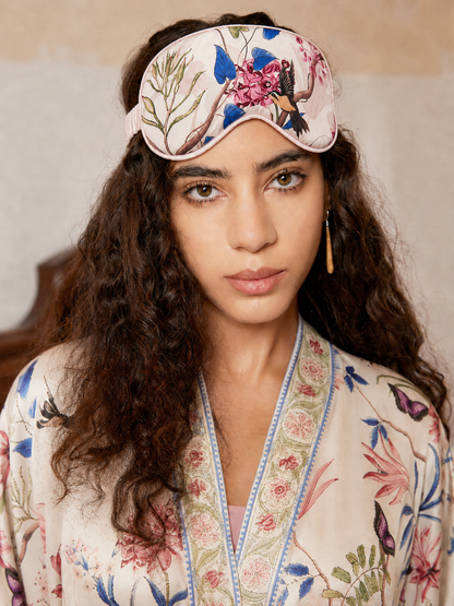 Beige Chinoiserie Floral Long Kimono Robe with Pockets