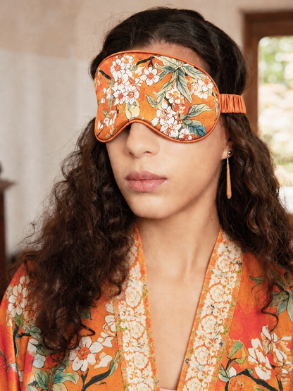Vintage Orange Enamel Camellia Floral Kimono Robe with Pockets