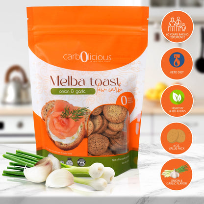 Carbolicious Melba Toast Low-Carb  Sugar Free (ONION & GARLIC) 4oz 1g net carbs per 8 Slices