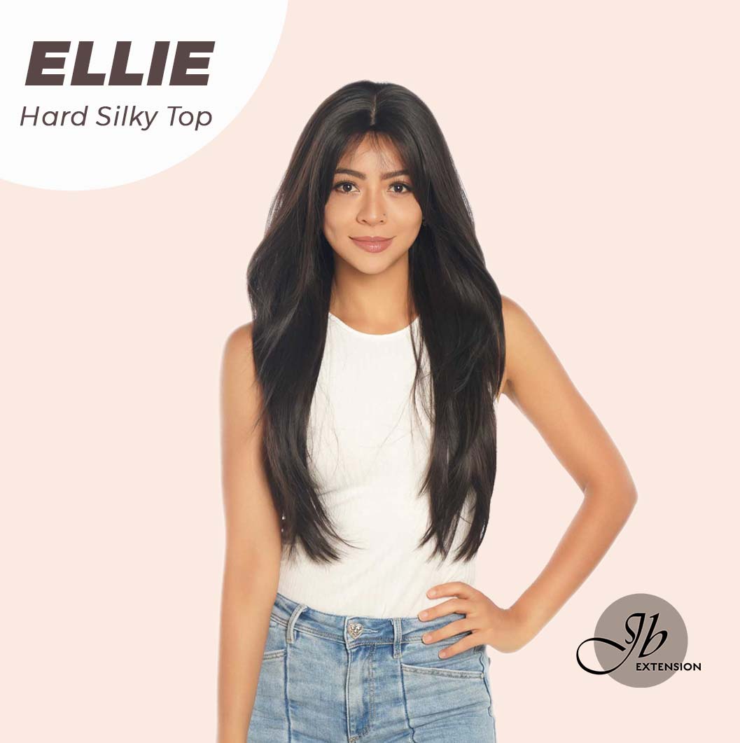 JBEXTENSION 26 Inches Scalpiana Tea Black Darkest Brown Wolf Cut 3.5X4 Hard Silky Top Natural Scalp Effect Wig With Bangs ELLIE SILK TOP