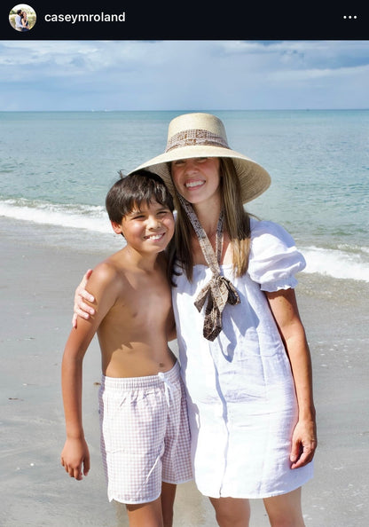 Wildflower Sun Hat - Long Brown Greek Key Ribbon with Rose Quartz Gemstone Toggle