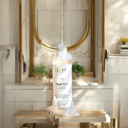Gel íntimo LOHV YONI PREMIUM Herbal con pH equilibrado: elimina el mal olor, limpia la vulva y mantiene un pH saludable con aceite de palmiste, aceite de rosa y hoja de aloe vera.