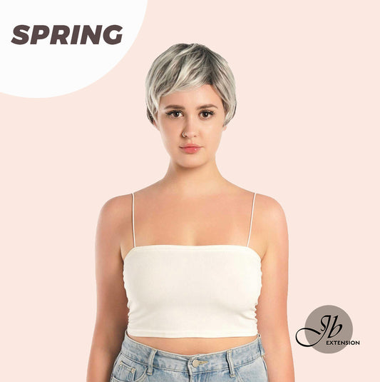 JBEXTENSION Pixie Cut Silver Half Real Human Hair Half Futura Fiber Fashion Women Wig SPRING