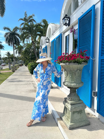 Sombrero de malva - Cinta larga con rosas de jardín azul vintage