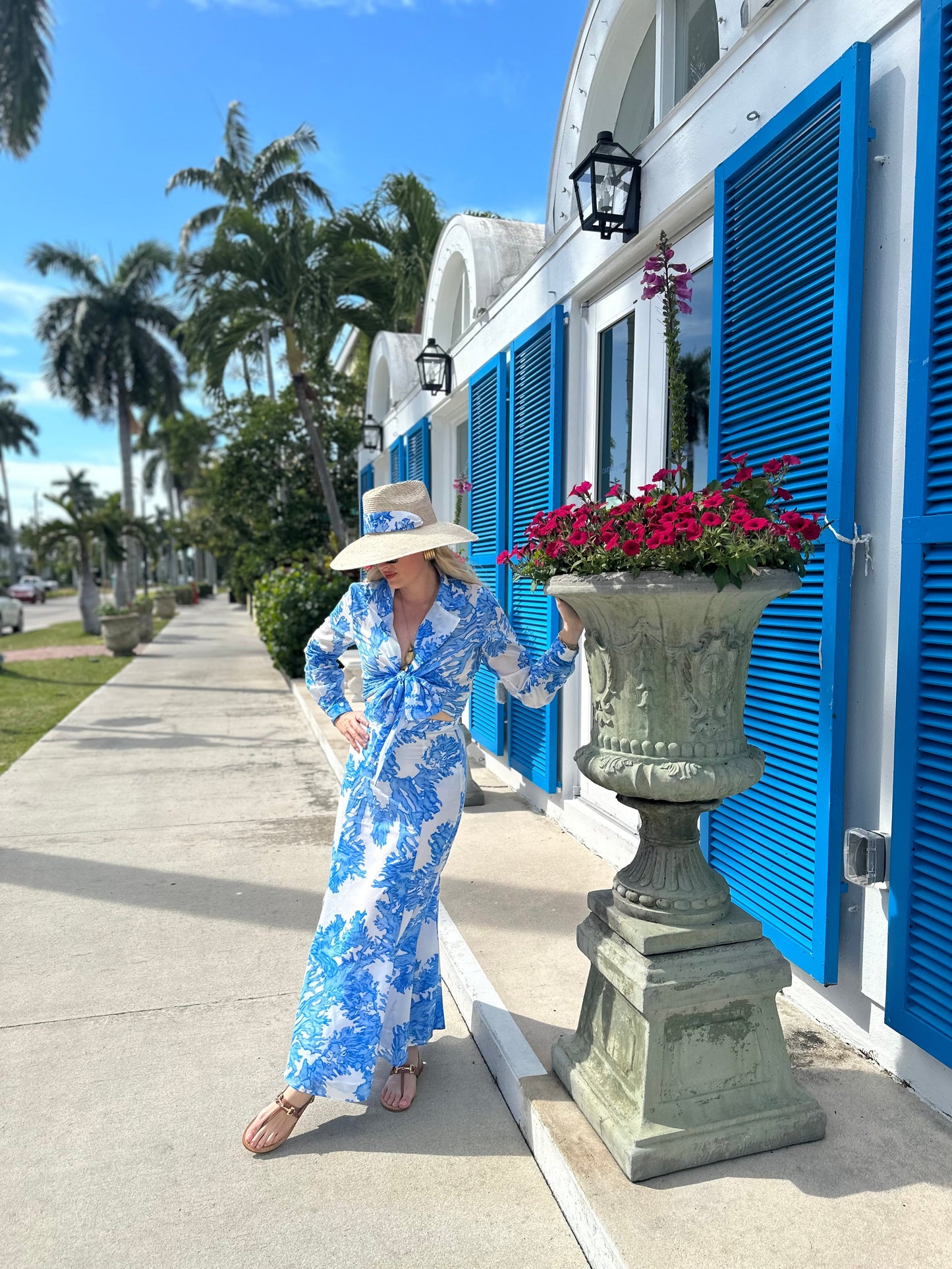 Hollyhock Sun Hat -  Vintage Azure Garden Rose Long Ribbon