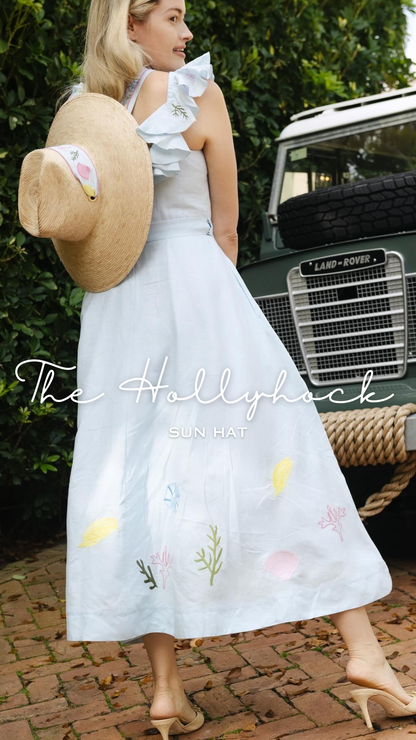 Hollyhock Sun Hat - Long & Thin Blue Gingham Ribbon with Wood Nautical Toggle